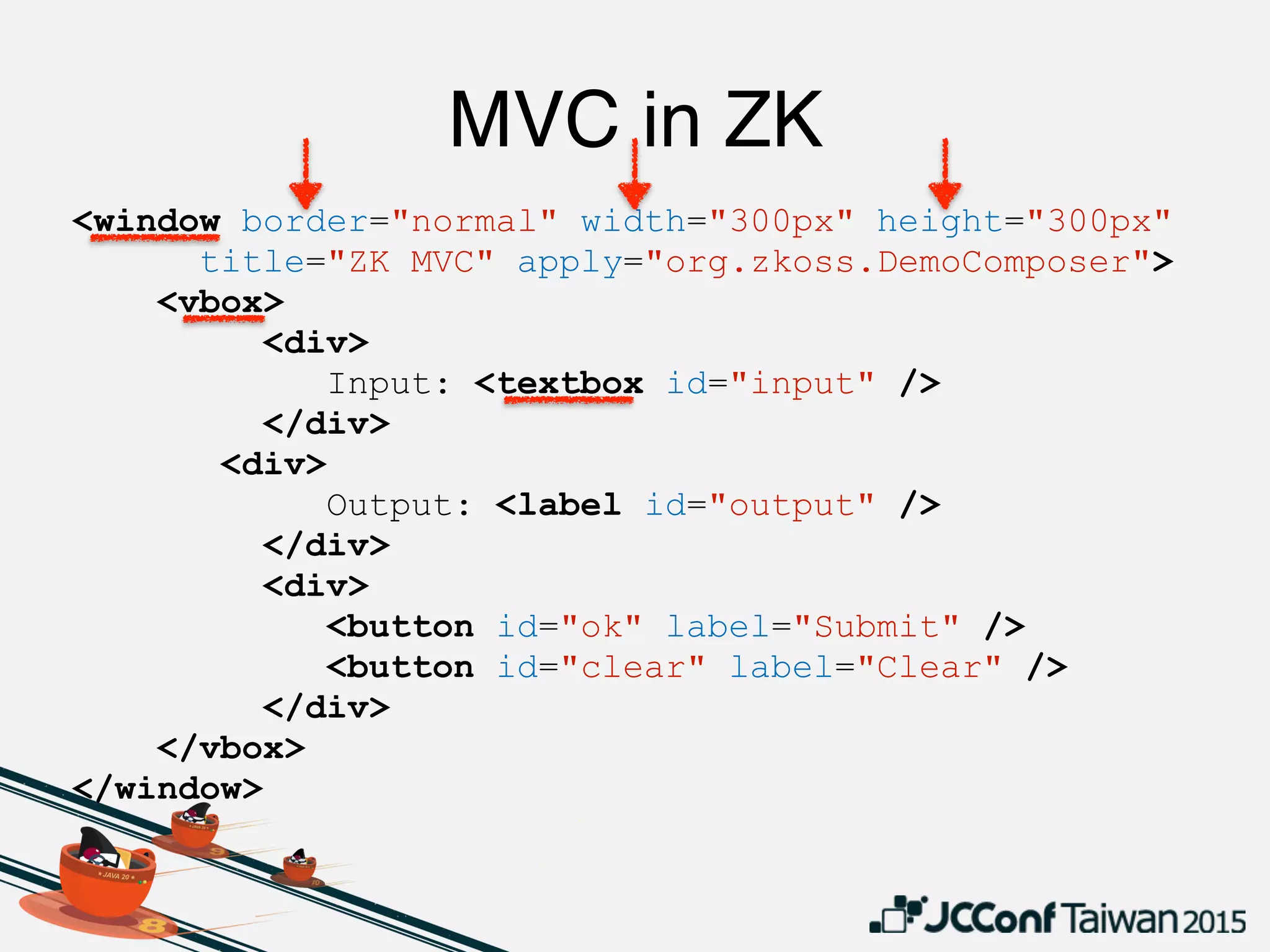 MVC in ZK
<window border="normal" width="300px" height="300px"
title="ZK MVC" apply="org.zkoss.DemoComposer">
<vbox>
<div>
Input: <textbox id="input" />
</div>
<div>
Output: <label id="output" />
</div>
<div>
<button id="ok" label="Submit" />
<button id="clear" label="Clear" />
</div>
</vbox>
</window>
 