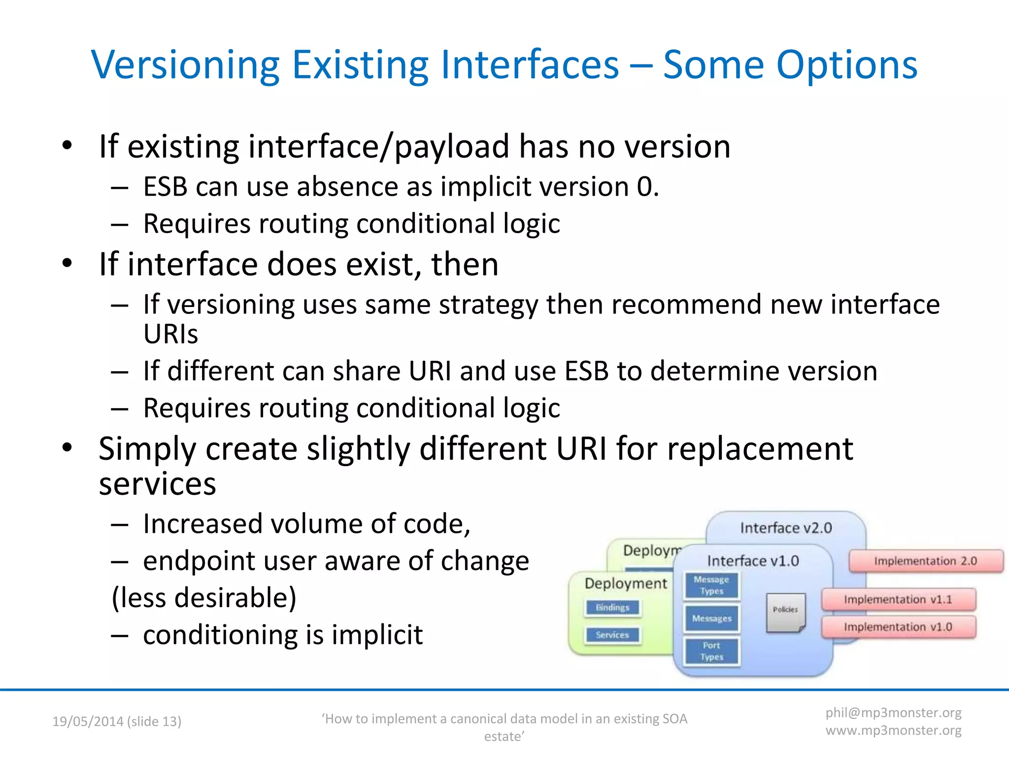 ‘How to implement a canonical data model in an existing SOA
estate’
19/05/2014 (slide 13)
phil@mp3monster.org
www.mp3monster.org
Versioning Existing Interfaces – Some Options
• If existing interface/payload has no version
– ESB can use absence as implicit version 0.
– Requires routing conditional logic
• If interface does exist, then
– If versioning uses same strategy then recommend new interface
URIs
– If different can share URI and use ESB to determine version
– Requires routing conditional logic
• Simply create slightly different URI for replacement
services
– Increased volume of code,
– endpoint user aware of change
(less desirable)
– conditioning is implicit
 