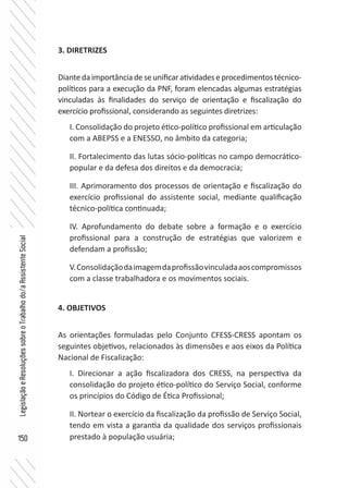 150
LegislaçãoeResoluçõessobreoTrabalhodo/aAssistenteSocial
3. DIRETRIZES
Diantedaimportânciadeseunificaratividadeseprocedimentostécnico-
políticos para a execução da PNF, foram elencadas algumas estratégias
vinculadas às finalidades do serviço de orientação e fiscalização do
exercício profissional, considerando as seguintes diretrizes:
I. Consolidação do projeto ético-político profissional em articulação
com a ABEPSS e a ENESSO, no âmbito da categoria;
II. Fortalecimento das lutas sócio-políticas no campo democrático-
popular e da defesa dos direitos e da democracia;
III. Aprimoramento dos processos de orientação e fiscalização do
exercício profissional do assistente social, mediante qualificação
técnico-política continuada;
IV. Aprofundamento do debate sobre a formação e o exercício
profissional para a construção de estratégias que valorizem e
defendam a profissão;
V.Consolidaçãodaimagemdaprofissãovinculadaaoscompromissos
com a classe trabalhadora e os movimentos sociais.
4. OBJETIVOS
As orientações formuladas pelo Conjunto CFESS-CRESS apontam os
seguintes objetivos, relacionados às dimensões e aos eixos da Política
Nacional de Fiscalização:
I. Direcionar a ação fiscalizadora dos CRESS, na perspectiva da
consolidação do projeto ético-político do Serviço Social, conforme
os princípios do Código de Ética Profissional;
II. Nortear o exercício da fiscalização da profissão de Serviço Social,
tendo em vista a garantia da qualidade dos serviços profissionais
prestado à população usuária;
 