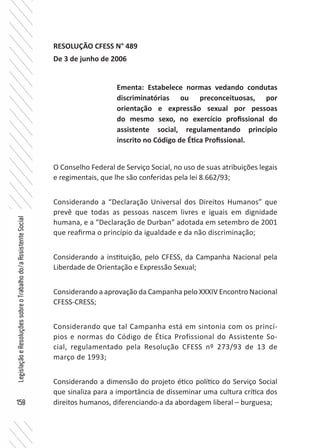 158
LegislaçãoeResoluçõessobreoTrabalhodo/aAssistenteSocial
RESOLUÇÃO CFESS N° 489
De 3 de junho de 2006
O Conselho Federal de Serviço Social, no uso de suas atribuições legais
e regimentais, que lhe são conferidas pela lei 8.662/93;
Considerando a “Declaração Universal dos Direitos Humanos” que
prevê que todas as pessoas nascem livres e iguais em dignidade
humana, e a “Declaração de Durban” adotada em setembro de 2001
que reafirma o princípio da igualdade e da não discriminação;
Considerando a instituição, pelo CFESS, da Campanha Nacional pela
Liberdade de Orientação e Expressão Sexual;
Considerando a aprovação da Campanha pelo XXXIV Encontro Nacional
CFESS-CRESS;
Considerando que tal Campanha está em sintonia com os princí-
pios e normas do Código de Ética Profissional do Assistente So-
cial, regulamentado pela Resolução CFESS nº 273/93 de 13 de
março de 1993;
Considerando a dimensão do projeto ético político do Serviço Social
que sinaliza para a importância de disseminar uma cultura crítica dos
direitos humanos, diferenciando-a da abordagem liberal – burguesa;
Ementa: Estabelece normas vedando condutas
discriminatórias ou preconceituosas, por
orientação e expressão sexual por pessoas
do mesmo sexo, no exercício profissional do
assistente social, regulamentando princípio
inscrito no Código de Ética Profissional.
 