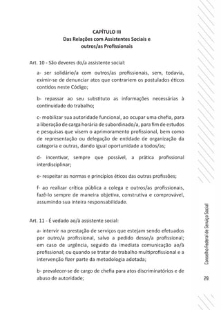 29
ConselhoFederaldeServiçoSocial
CAPÍTULO III
Das Relações com Assistentes Sociais e
outros/as Profissionais
Art. 10 - São deveres do/a assistente social:
a- ser solidário/a com outros/as profissionais, sem, todavia,
eximir-se de denunciar atos que contrariem os postulados éticos
contidos neste Código;
b- repassar ao seu substituto as informações necessárias à
continuidade do trabalho;
c- mobilizar sua autoridade funcional, ao ocupar uma chefia, para
a liberação de carga horária de subordinado/a, para fim de estudos
e pesquisas que visem o aprimoramento profissional, bem como
de representação ou delegação de entidade de organização da
categoria e outras, dando igual oportunidade a todos/as;
d- incentivar, sempre que possível, a prática profissional
interdisciplinar;
e- respeitar as normas e princípios éticos das outras profissões;
f- ao realizar crítica pública a colega e outros/as profissionais,
fazê-lo sempre de maneira objetiva, construtiva e comprovável,
assumindo sua inteira responsabilidade.
Art. 11 - É vedado ao/à assistente social:
a- intervir na prestação de serviços que estejam sendo efetuados
por outro/a profissional, salvo a pedido desse/a profissional;
em caso de urgência, seguido da imediata comunicação ao/à
profissional; ou quando se tratar de trabalho multiprofissional e a
intervenção fizer parte da metodologia adotada;
b- prevalecer-se de cargo de chefia para atos discriminatórios e de
abuso de autoridade;
 