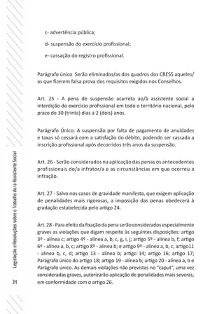 34
LegislaçãoeResoluçõessobreoTrabalhodo/aAssistenteSocial
c- advertência pública;
d- suspensão do exercício profissional;
e- cassação do registro profissional.
Parágrafo único Serão eliminados/as dos quadros dos CRESS aqueles/
as que fizerem falsa prova dos requisitos exigidos nos Conselhos.
Art. 25 - A pena de suspensão acarreta ao/à assistente social a
interdição do exercício profissional em todo o território nacional, pelo
prazo de 30 (trinta) dias a 2 (dois) anos.
Parágrafo Único: A suspensão por falta de pagamento de anuidades
e taxas só cessará com a satisfação do débito, podendo ser cassada a
inscrição profissional após decorridos três anos da suspensão.
Art. 26 - Serão considerados na aplicação das penas os antecedentes
profissionais do/a infrator/a e as circunstâncias em que ocorreu a
infração.
Art. 27 - Salvo nos casos de gravidade manifesta, que exigem aplicação
de penalidades mais rigorosas, a imposição das penas obedecerá à
gradação estabelecida pelo artigo 24.
Art.28-Paraefeitodafixaçãodapenaserãoconsideradosespecialmente
graves as violações que digam respeito às seguintes disposições: artigo
3º - alínea c; artigo 4º - alínea a, b, c, g, i, j; artigo 5º - alínea b, f; artigo
6º - alínea a, b, c; artigo 8º - alínea b; e artigo 9º - alínea a, b, c; artigo11
- alínea b, c, d; artigo 13 - alínea b; artigo 14; artigo 16; artigo 17;
Parágrafo único do artigo 18; artigo 19 - alínea b; artigo 20 - alínea a, b e
Parágrafo único. As demais violações não previstas no “caput”, uma vez
consideradas graves, autorizarão aplicação de penalidades mais severas,
em conformidade com o artigo 26.
 