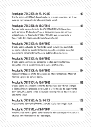 6
LegislaçãoeResoluçõessobreoTrabalhodo/aAssistenteSocial
e adolescentes no processo judicial, sob a Metodologia do Depoimento
Sem Dano/DSD, como sendo atribuição ou competência do profissional
assistente social	15/9/2009	
12.		 Resolução CFESS 533
Regulamenta a SUPERVISÃO DIRETA DE ESTÁGIO no Serviço Social	
29/9/2008	
13.		 Resolução CFESS 512
Reformula as normas gerais para o exercício da Fiscalização Profissional
e atualiza a Política Nacional de Fiscalização	 29/9/2007
	
14.		 Resolução CFESS 493
Dispõe sobre as condições éticas e técnicas do exercício profissional do
assistente social.	21/8/2006	
15.		 Resolução CFESS 489
Estabelece normas vedando condutas discriminatórias ou
preconceituosas, por orientação e expressão sexual por pessoas
do mesmo sexo, no exercício profissional do assistente social,
regulamentando princípio inscrito no Código de Ética Profissional.	
3/6/2006	
16.		 Resolução CFESS 467
Altera o parágrafo 1º e inclui o parágrafo 2º no artigo 1º da Resolução
CFESS 418/2001 (tabela referencial de honorários do Serviço Social)	
17/3/2005	
17.		 Resolução CFESS 443
Institui procedimentos para a realização de desagravo público, e
regulamenta a alínea “e” do artigo 2º do Código de Ética do Assistente
Social /Altera e revoga a Resolução CFESS N º 294, de 04 de junho de
1994.	 23/5/2003	
18.		 Resolução CFESS 427
Altera o parágrafo único do Artigo 1º da Resolução CFESS nº 299/94,
que dispensa de pagamento da anuidade o assistente social que
	
Resolução CFESS 569, de 25/3/2010
Dispõe sobre a VEDAÇÃO da realização de terapias associadas ao título
e/ou ao exercício profissional do assistente social.
	
Resolução CFESS 568, de 15/3/2010
Regulamenta o procedimento de APLICAÇÃO DE MULTA prevista
pelo parágrafo 4º do artigo 1º, pelo descumprimento das normas
estabelecidas na Resolução CFESS nº 533/08, que regulamenta a
Supervisão de Estágio no âmbito do Serviço Social.
	
Resolução CFESS 559, de 16/9/2009
Dispõe sobre a atuação do Assistente Social, inclusive na qualidade
de perito judicial ou assistente técnico, quando convocado a prestar
depoimento como testemunha, pela autoridade competente.
		
Resolução CFESS 557, de 15/9/2009
Dispõe sobre a emissão de pareceres, laudos, opiniões técnicas
conjuntos entre o assistente social e outros profissionais.
		
Resolução CFESS 556, de 15/9/2009
Procedimentos para efeito da Lacração do Material Técnico e Material
Técnico-Sigiloso do Serviço Social.	
	
Resolução CFESS 554, de 15/9/2009
Dispõe sobre o não reconhecimento da inquirição das vítimas crianças
e adolescentes no processo judicial, sob a Metodologia do Depoimento
Sem Dano/DSD, como sendo atribuição ou competência do profissional
assistente social.		
Resolução CFESS 533, de 29/9/2008
Regulamenta a SUPERVISÃO DIRETA DE ESTÁGIO no Serviço Social.	
	
Resolução CFESS 512, de 29/9/2007
Reformula as normas gerais para o exercício da Fiscalização Profissional e
atualiza a Política Nacional de Fiscalização.
93
98
105
110
114
118
123
133
 