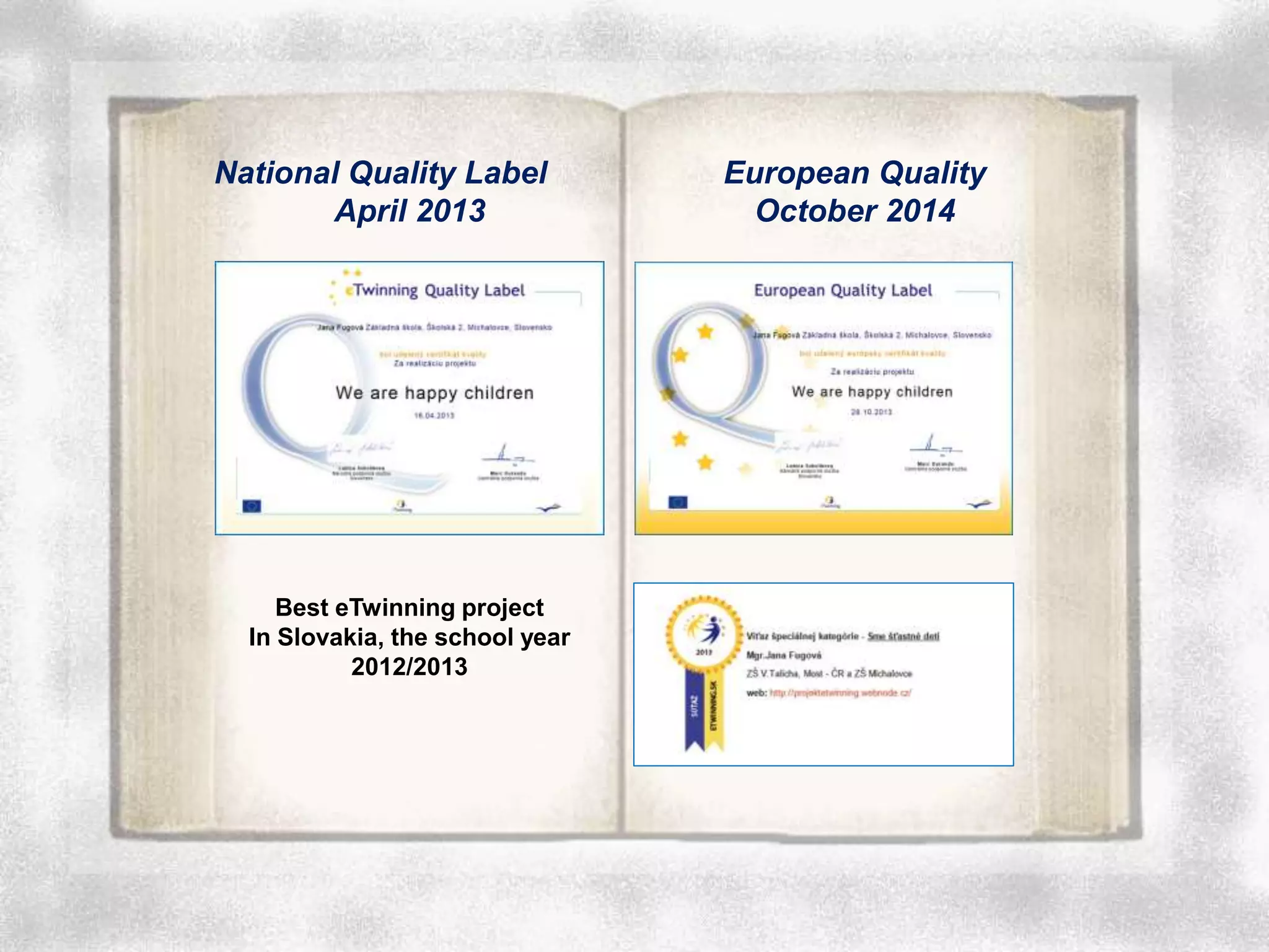 Best eTwinning project
In Slovakia, the school year
2012/2013
National Quality Label
April 2013
European Quality
October 2014
 