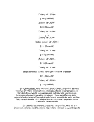 Zrušený od 1.1.2004
§ 208 [Komentár]
Zrušený od 1.1.2004
§ 209 [Komentár]
Zrušený od 1.1.2004
§ 210
Zrušený od 1.1.2004
Nadpis zrušený od 1.1.2004
§ 211 [Komentár]
Zrušený od 1.1.2004
§ 212 [Komentár]
Zrušený od 1.1.2004
§ 213 [Komentár]
Zrušený od 1.1.2004
Zodpovednosť za škodu v niektorých osobitných prípadoch
§ 214 [Komentár]
Zrušený od 1.9.2009
§ 215 [Komentár]
(1) Fyzickej osobe, ktorá vykonáva verejnú funkciu, zodpovedá za škodu
vzniknutú pri výkone funkcie alebo v priamej súvislosti s ňou organizácia, pre
ktorú bola činná; fyzická osoba zodpovedá za škodu tejto organizácii. Ak
funkcionár odborovej organizácie pomáha pri výkone svojej funkcie alebo v
priamej súvislosti s ňou súčasne plniť spoločenské, hospodárske alebo sociálne
úlohy zamestnávateľa, u ktorého je v pracovnom pomere, zodpovedá mu za
škodu tento zamestnávateľ.
(2) Občanovi so zmenenou pracovnou schopnosťou, ktorý nie je v
pracovnom pomere a ktorého príprava na povolanie (činnosť) sa vykonáva podľa

 