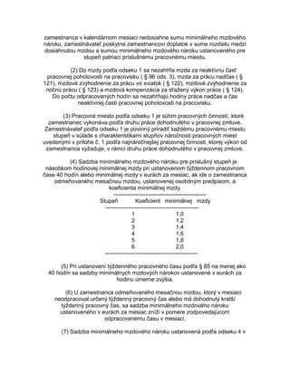 zamestnanca v kalendárnom mesiaci nedosiahne sumu minimálneho mzdového
nároku, zamestnávateľ poskytne zamestnancovi doplatok v sume rozdielu medzi
dosiahnutou mzdou a sumou minimálneho mzdového nároku ustanoveného pre
stupeň patriaci príslušnému pracovnému miestu.
(2) Do mzdy podľa odseku 1 sa nezahŕňa mzda za neaktívnu časť
pracovnej pohotovosti na pracovisku ( § 96 ods. 3), mzda za prácu nadčas ( §
121), mzdové zvýhodnenie za prácu vo sviatok ( § 122), mzdové zvýhodnenie za
nočnú prácu ( § 123) a mzdová kompenzácia za sťažený výkon práce ( § 124).
Do počtu odpracovaných hodín sa nezahŕňajú hodiny práce nadčas a čas
neaktívnej časti pracovnej pohotovosti na pracovisku.
(3) Pracovné miesto podľa odseku 1 je súhrn pracovných činností, ktoré
zamestnanec vykonáva podľa druhu práce dohodnutého v pracovnej zmluve.
Zamestnávateľ podľa odseku 1 je povinný priradiť každému pracovnému miestu
stupeň v súlade s charakteristikami stupňov náročnosti pracovných miest
uvedenými v prílohe č. 1 podľa najnáročnejšej pracovnej činnosti, ktorej výkon od
zamestnanca vyžaduje, v rámci druhu práce dohodnutého v pracovnej zmluve.
(4) Sadzba minimálneho mzdového nároku pre príslušný stupeň je
násobkom hodinovej minimálnej mzdy pri ustanovenom týždennom pracovnom
čase 40 hodín alebo minimálnej mzdy v eurách za mesiac, ak ide o zamestnanca
odmeňovaného mesačnou mzdou, ustanovenej osobitným predpisom, a
koeficienta minimálnej mzdy,
------------------------------------------------Stupeň
Koeficient minimálnej mzdy
------------------------------------------------1
1,0
2
1,2
3
1,4
4
1,6
5
1,8
6
2,0
------------------------------------------------(5) Pri ustanovení týždenného pracovného času podľa § 85 na menej ako
40 hodín sa sadzby minimálnych mzdových nárokov ustanovené v eurách za
hodinu úmerne zvýšia.
(6) U zamestnanca odmeňovaného mesačnou mzdou, ktorý v mesiaci
neodpracoval určený týždenný pracovný čas alebo má dohodnutý kratší
týždenný pracovný čas, sa sadzba minimálneho mzdového nároku
ustanoveného v eurách za mesiac zníži v pomere zodpovedajúcom
odpracovanému času v mesiaci.
(7) Sadzba minimálneho mzdového nároku ustanovená podľa odseku 4 v

 