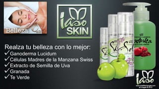 Realza tu belleza con lo mejor:
Ganoderma Lucidum
Células Madres de la Manzana Swiss
Extracto de Semilla de Uva
Granada
Te Verde
 