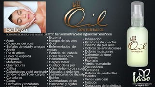 • Acné
• Cicatrices del acné
• Señales de edad y arrugas
• Artritis
• Pie de Atleta
• Dolor de espalda
• Ampollas
• Moretones
• Quemaduras
• Ciática
• Callosidades y piel agrietada
• Síndrome del Túnel carpían
• Cortaduras
• Caspa
• Dermatitis y rozaduras
• Eczema
• Hongos de los pies
• Gota
• Enfermedades de
encías
• Pérdida de cabello
• Dolor de cabeza
• Hemorroides
• Herpes zoster
• Cuidado de la piel
• Dolor de hombros y cuello
• Músculos a doloridos
• Lastimaduras de deporte
• Estrías
• Quemaduras de sol
• Hinchazón y rigidez
• Inflamación
• Picaduras de insectos
• Picazón de piel seca
• Dolores de articulaciones
• Dolores musculares
• Calmante de dolor
• Lesiones
• Psoriasis
• Artritis reumatoide
• Piel rosácea
• Cicatrices
• Dolores de pantorrillas
• Heridas
• Venas varicosas
• Irritación
• Cortaduras de la afeitada
 