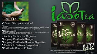Es un Filtro para tu Vida!!
Filtrando:
Toxinas,Químicos, Hormonas y pesticidas que están dentro de los
Alimentos que comemos y en el Aire que respiramos.
•DesintoxicaSacando Parasitos, Costras Intestinales, y todo tipo de Desechos
causando enfermedades dentro tu cuerpo!
•Limpia y Purifica tus Organos
•Limpia y Purifica tu Sangre
•Limpia y Purifica tu Sistema Digestivo
• Purifica tu Sistema Respiratorio
•Purifica tu Cuerpo Entero
 