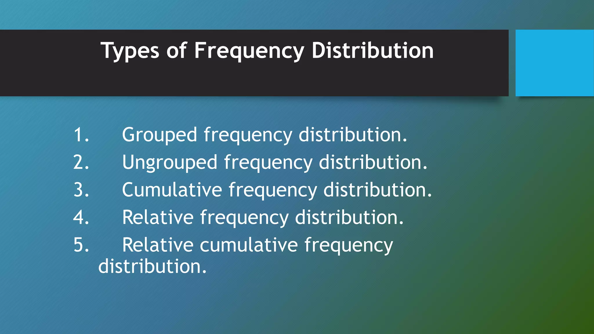 Types of Frequency Distribution
1. Grouped frequency distribution.
2. Ungrouped frequency distribution.
3. Cumulative frequency distribution.
4. Relative frequency distribution.
5. Relative cumulative frequency
distribution.
 