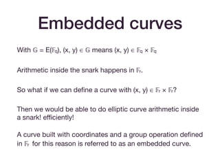 Embedded curves
With 𝔾 = E(𝔽q), (x, y) ∈ 𝔾 means (x, y) ∈ 𝔽q × 𝔽q

Arithmetic inside the snark happens in 𝔽r.

So what if we can deﬁne a curve with (x, y) ∈ 𝔽r × 𝔽r? 

Then we would be able to do elliptic curve arithmetic inside
a snark! eﬃciently! 

A curve built with coordinates and a group operation deﬁned
in 𝔽r for this reason is referred to as an embedded curve.
 