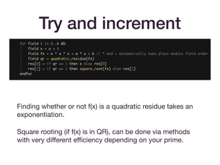 Try and increment
Finding whether or not f(x) is a quadratic residue takes an
exponentiation.

Square rooting (if f(x) is in QR), can be done via methods
with very diﬀerent eﬃciency depending on your prime.
 