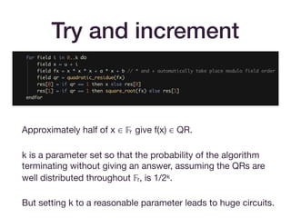 Try and increment
Approximately half of x ∈ 𝔽r give f(x) ∈ QR. 

k is a parameter set so that the probability of the algorithm
terminating without giving an answer, assuming the QRs are
well distributed throughout 𝔽r, is 1/2k.

But setting k to a reasonable parameter leads to huge circuits.
 