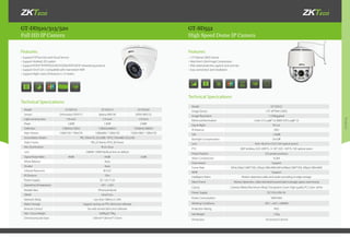 Products
GT-DD510/513/520 GT-SD552
Full HD IP Camera High Speed Dome IP Camera
•	Support P2P function and Cloud Service
•	Support Android, IOS system
•	Support RTSP/FTP/PPPOE/DHCP/DDNS/NTP/UPnP networking protocol
•	Support Onvif 2.0+, Compatible with mainstream NVR
•	Support Night vision, IR distance is 15 meters
•	1/3”Aptina CMOS Sensor
•	Real-time H.264 Image Compression
•	IP65-rated protection against dust and rain
•	Easy connection and installation
R G B
Technical Specications:
Technical Specications:
Features: Features:
Model GT-DD510 GT-DD513 GT-DD520
Sensor Omnivision OV9712 Aptina AR0130 SONY IMX122
Light-sensing Area 1/4-inch 1/3-inch 1/3-inch
Pixels 1.0MP 1.3MP 2.0MP
Definition 1280(H)x720(V) 1280(H)x960(V) 1920(H)x1080(V)
Main Stream 1280x720 / 704x576 1280x960 / 1280x720 1920x1080 / 1280x720
Seconddary Stream PAL:704x576; 352x288 / NTSC:704x480; 352x240
Video Frame PAL:25 frame; NTSC:30 frame
Min. Illumination IR on: 0Lux
Lens 2.8MM-12MM Varifocal lens as default
Signal Noise Ratio 40dB 45dB 52dB
White Balance Auto
Shutter Auto
Infrared Resection IR-CUT
IR Distance 10m
Power Supply DC 12V /1.5A
Operating Temperature -10°C - +50°C
Mobile View IPhone,Android
ONVIF Onvif 2.0+
Network Delay Less than 300ms in LAN
Video Storage Support saving via FTP, client end software
Remote Control Via web server/client end software
Net / Gross Weight 0.69kg/0.79kg
Dimension(color box) 130mm*130mm*115mm
R G B
-30℃
10×
Model GT-SD552
Image Sensor 1/3" APTINA CMOS
Image Resolution 1.3 Megapixel
MinimumIllumination Color: 0.1Lux@F1.6, B&W: 0.01Lux@F1.6
Day & Night IR-Cut
IR distance 50m
S/N >50dB
Backlight Compensation On/Off
Lens 4.63~46.3mm F2.0 (10X optical zoom)
PTZ 360° endless, 0.01-200°/S; -5~92°, 0.01-120°/S; 10X optical zoom
Preset Position 255 preset positions
Video Compression H.264
Dual-stream Support
Frame Rate 50Hz:25fps(1280*720) ,25fps(1280×960) 60Hz:30fps(1280*720) ,30fps(1280×960)
WDR Support
Intelligent Alarm Motion detection,video and audio recording to edge storage
Alarm Event Motion detection, video blocked/covered alarm,storage space over/wrong
Casing Camera: Metal (Aluminum Alloy); Transparent cover: High quality PC; Color: white
Power Supply DC12V±10% 3A
Power Consumption 30W MAX
Working Conditions -30°C~+65°C,<90%RH
Protection Rating IP65
Net Weight 1.5kg
Dimension 141(mm)×215(mm)
 