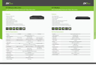 Products
GT-NR0401/0801/1601 GT-NR0802
4/8/16CH Embedded Network Video Recorder 8CH Embedded Network Video Recorder
•	4/8/16-ch HD video input
•	1 SATA max to 3 TB
•	H.264 compression
•	With VGA and HDMI output
•	Support controlling PTZ via mouse
•	Support Mobile view (IOS, Android)
•	Support Multi-language
•	Support IE web server, client software, CMS software
•	Support DDNS DHCP, FTP, DNS, DDNS, NTP, UPNP, EMAIL etc.
•	8-ch HD video input
•	With 2 SATAS, totally support 6TB
•	H.264 compression
•	Support ONVIF
•	Support TV, VGA, HDMI output at the same time
•	Support mobile view (IOS, Android)
•	Support Multi-language
•	Support IE web server, client software, CMS software
•	Support DDNS DHCP, FTP, DNS, DDNS, NTP, UPNP, EMAIL etc.
Technical Specications: Technical Specications:
Features: Features:
Model GT-NR0401 GT-NR0801 GT-NR1601
Standard Video: PAL; NTSC Audio: G.711A
Video Compression H.264(High Prole)
Video Display 1/4 split display 1/4/9 split display 1/4/9/16 split display
Video Input 1080P:4-ch; D1:8-ch
1080P: 8-ch; 720P: 8-ch;
D1:16-ch
3M:4-ch 1080P:8-ch
960P:16-ch
Video Output 1-ch VGA, 1-ch HDMI
Audio I/O N/A N/A 1-ch RCA/1-ch RCA
Backup Network backup, USB mobile hard disk
Local Playback 1080P:1-ch: D1: 4-ch 1080P: 1/2-ch: 720P:4-ch
3M:1-ch; 1080P: 2-ch; 960P:2-
ch; 720P:4-ch
Playback Resolution 1080P/D1 1080P/720P/D1 3M/1080P/960P
Storage 1 SATA (Max 3TB)
Network Interface 1 RJ45 10M/100M adaptive ethernet interface
USB Interface 2 USB ports
Serial Interface 1 RS-485 half-duplex interface
Working Conditions 0°C-+55°C 10%-90% RH
Power Supply 12V/2A
Dimension(color box) 345mm*95mm*275mm
Net/Gross Weight 975g/1.8kg
Standard Video: PAL; NTSC Audio: G.711A
Video Compression H.264(High Prole)
Video Display 1/4/9 split display
Video Input 1080P:8-ch; 720P:8-ch
Video Output 1-ch BNC/1-ch VGA/1-ch HDMI
Audio Output 1-ch RCA
Backup Network backup, USB mobile hard disk
Local Playback 1080P: 1/2-ch; 720P:8-ch
Playback Resolution 1080P/720P
Storage 2 SATA ( Max 6TB)
Network Interface 1 RJ45 10M/100M adaptive ethernet interface
USB Interface 2 USB ports
Serial Interface 1 RS-485 half-duplex interface
Working Conditions 0°C-+55°C 10%-90% RH
Power Supply 12V/4A
Dimension(color box) 390mm*118mm*345mm
Net/Gross Weight 1.62kg/3kg
H.264 ONVIF H.264 ONVIF
 
