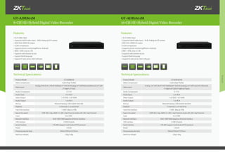 Products
GT-ADR1601MGT-ADR801M
16-CH HD Hybrid Digital Video Recorder8-CH HD Hybrid Digital Video Recorder
•	16-ch video input
•	Supports hybrid video input – AHD, Analog and IP camera
•	With VGA, HDMI HD output
•	H.264 compression
•	Supports phone monitoring(iPhone, Android)
•	With 1 SATA, max to 3 TB
•	Supports web browser access
•	Support Multi-language
•	Support IE web server, client software
•	8-ch video input
•	Supports hybrid video input – AHD, Analog and IP camera
•	With VGA, HDMI HD output
•	H.264 compression
•	Supports phone monitoring(iPhone, Android)
•	With 1 SATA, max to 3 TB
•	Supports web browser access
•	Support Multi-language
•	Support IE web server, client software
Technical Specications:Technical Specications:
Features:Features:
Product Model GT-ADR1601M
Video Compression H.264 (High Profile)
Video Input
Analog: 16* AHD-M; 8* AHD-M;Mixed:4* AHD-M (analog )+4*720P( network );Network:
1*1080P+8*720P;4*1080P;20*960H;
Audio Compression G.711A
Audio Input 2-ch RCA
Video Output 1-ch VGA, 1-ch HDMI
Audio Output 1-ch RCA
Backup Network backup, USB mobile hard disk
Playback 4 channels (1-ch real time)
Hard Disk Interface 1 SATA (Max to 3TB)
Space Occupied 720P 20G / day; 960H 12~20G / day*channel; Audio: 691.2M / day*channel
Input 16-ch BNC
Network Interface RJ45 10M/100M adaptive ethernet interface
USB Interface 2 USB 2.0 ports
Serial Interface 1 RS-485 Support multi kinds of PTZ protocol
Power 12V/2A
Dimensions(color box) 345mm*95mm*275mm
Net/Gross Weight 1.0kg/1.8kg
Product Model GT-ADR801M
Video Compression H.264 (High Profile)
Video Input
Analog: 8*AHD-M ; 4*AHD-M;Mixed: 4* AHD-M (Analog)+4*720P(Network);Network: 8*720P;
2*1080P+2*720P;
Audio Compression G.711A
Audio Input 4-ch RCA
Video Output 1-ch VGA, 1-ch HDMI
Audio Output 1-ch RCA
Backup Network backup, USB mobile hard disk
Playback 4 channels (1-ch real time)
Hard Disk Interface 1 SATA (Max to 3TB)
Space Occupied 720P 20G / day; 960H 12~20G / day*channel; Audio: 691.2M / day*channel
Input 8-ch BNC
Network Interface RJ45 10M/100M adaptive ethernet interface
USB Interface 2 USB 2.0 ports
Serial Interface 1 RS-485 Support multi kinds of PTZ protocol
Power 12V/2A
Dimensions(color box) 345mm*95mm*275mm
Net/Gross Weight 1.0kg/1.8kg
H.264
Chro
Firef
Safa
IE
H.264
Chro
Firef
Safa
IE
 