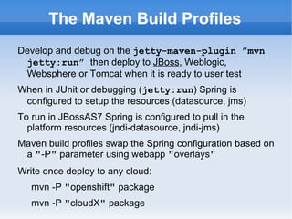 The Maven Build Profiles
Develop and debug on the jetty-maven-plugin ”mvn
 jetty:run” then deploy to JBoss, Weblogic,
 Web...