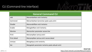 General Command CLI
add Menambahkan entri tertentu
Commend Menambahkan komentar pada suatu entri
Disable Menonaktifkan entri tertentu
Enable Mengaktifkan entri tertentu
Monitor Memonitor parameter secara live
Print Menampilkan semua entri
Print detail Menampilkan semua entri secara detail
remove Mengahpus entri tertentu
Set Mengubah parameter tertentu pada sebuah entri
Detail info :
https://wiki.mikrotik.com/wiki/Manual:Scripting
CLI (Command-line Interface)
@Ridwan_G4
 