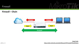 Firewall
Firewall – Chain
Output
Input
Forward
Output
R.id
@Ridwan_G4
Detail info:
https://wiki.mikrotik.com/wiki/Manual:IP/Firewall/Filter#Chains
Input
 