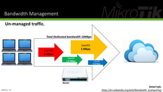 Un-managed traffic.
User02
2 Mbps
User03
1,5 Mbps
User01
5 Mbps
User04
512 Kbps
Total Dedicated bandwidth 10Mbps
Router
Bandwidth Management
@Ridwan_G4
Detail info:
https://en.wikipedia.org/wiki/Bandwidth_(computing)
 