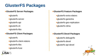 05/17/16
GlusterFS Server Packages
glusterfs
glusterfs-server
glusterfs-api
glusterfs-cli
glusterfs-libs
GlusterFS Client ...