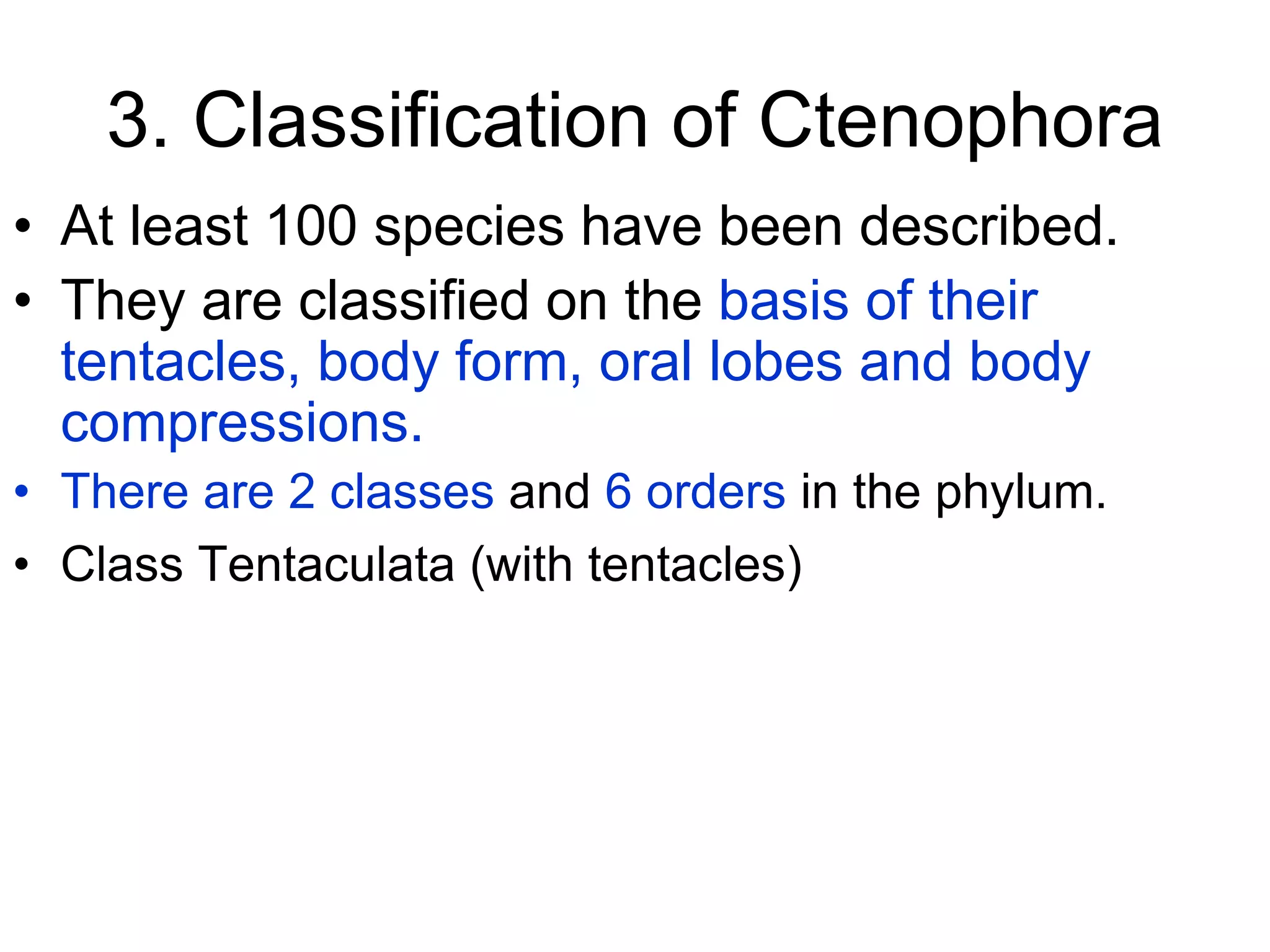 3. Classification of Ctenophora
• At least 100 species have been described.
• They are classified on the basis of their
tentacles, body form, oral lobes and body
compressions.
• There are 2 classes and 6 orders in the phylum.
• Class Tentaculata (with tentacles)
 