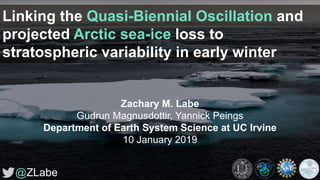 Linking the Quasi-Biennial Oscillation and
projected Arctic sea-ice loss to
stratospheric variability in early winter
Zachary M. Labe
Gudrun Magnusdottir, Yannick Peings
Department of Earth System Science at UC Irvine
10 January 2019
@ZLabe
 