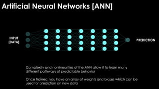 Complexity and nonlinearities of the ANN allow it to learn many
different pathways of predictable behavior
Once trained, you have an array of weights and biases which can be
used for prediction on new data
INPUT
[DATA]
PREDICTION
Artificial Neural Networks [ANN]
 