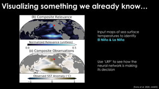 Visualizing something we already know…
Input maps of sea surface
temperatures to identify
El Niño & La Niña
Use ‘LRP’ to see how the
neural network is making
its decision
[Toms et al. 2020, JAMES]
 