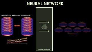 INPUT MAPS OF TEMPERATURE, PRECIPITATION, …
NEURAL NETWORK
----ANN----
2 Hidden Layers
10 Nodes each
Ridge Regularization
Early Stopping
Classification Task
 