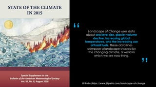 Landscape of Change uses data
about sea level rise, glacier volume
decline, increasing global
temperatures, and the increasing use
of fossil fuels. These data lines
compose a landscape shaped by
the changing climate, a world in
which we are now living.
Jill Pelto|https://www.jillpelto.com/landscape-of-change
“
”
 