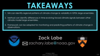 TAKEAWAYS
1. XAI can identify regional patterns of climate change & variability in GFDL large ensembles.
2. Method can identify differences in time-evolving forced climate signals between other
climate model large ensembles.
3. Framework can be adapted for monitoring and predicting patterns of climate change in
observations.
Zack Labe
zachary.labe@noaa.gov
117
15 March 2023
GFDL Lunchtime Seminar
 