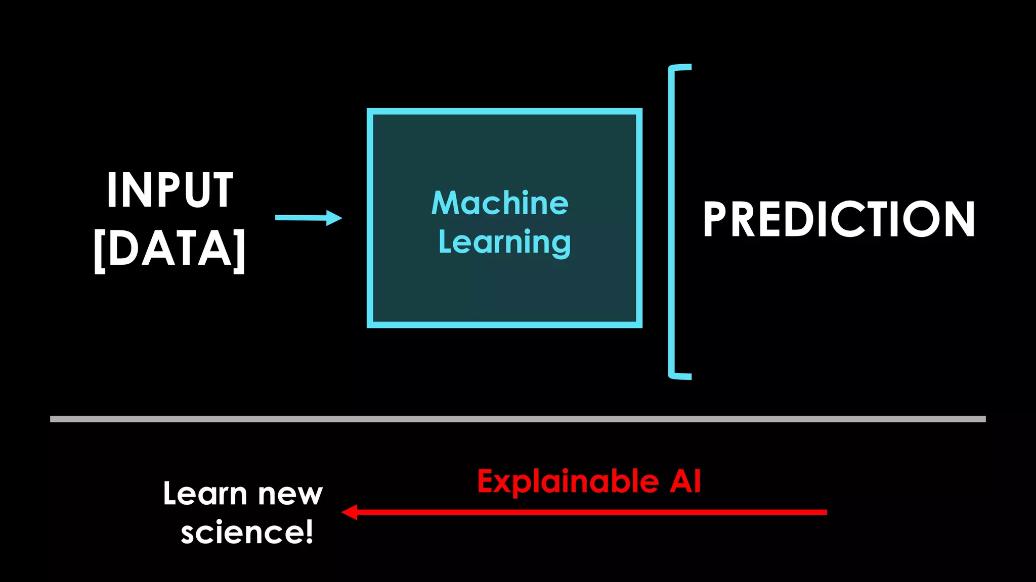 INPUT
[DATA]
PREDICTION
Machine
Learning
Explainable AI
Learn new
science!
 
