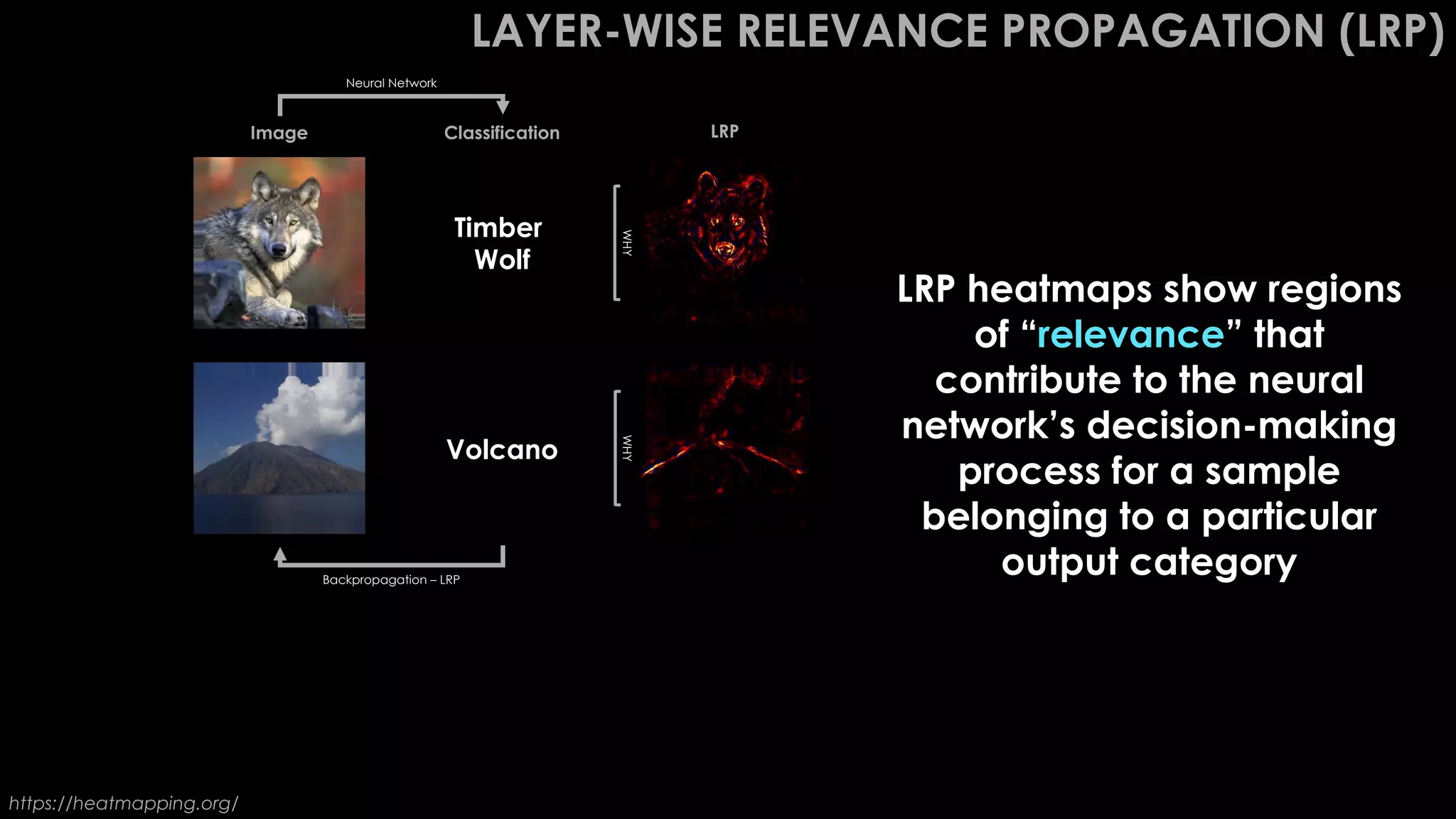 LAYER-WISE RELEVANCE PROPAGATION (LRP)
Volcano
Great White
Shark
Timber
Wolf
Image Classification LRP
https://heatmapping.org/
LRP heatmaps show regions
of “relevance” that
contribute to the neural
network’s decision-making
process for a sample
belonging to a particular
output category
Neural Network
WHY
WHY
WHY
Backpropagation – LRP
 