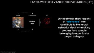 WHY
LAYER-WISE RELEVANCE PROPAGATION (LRP)
Volcano
Timber
Wolf
Image Classification LRP
LRP heatmaps show regions
of “relevance” that
contribute to the neural
network’s decision-making
process for a sample
belonging to a particular
output category
Neural Network
WHY
Backpropagation – LRP
https://heatmapping.org/
 