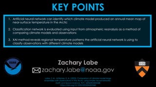 KEY POINTS
1. Artificial neural network can identify which climate model produced an annual mean map of
near-surface temperature in the Arctic
2. Classification network is evaluated using input from atmospheric reanalysis as a method of
comparing climate models and observations
3. XAI method reveals regional temperature patterns the artificial neural network is using to
classify observations with different climate models
Zachary Labe
zachary.labe@noaa.gov
Labe, Z. M., & Barnes, E. A. (2022). Comparison of climate model large
ensembles with observations in the Arctic using simple neural networks.
Earth and Space Science, 9(7), e2022EA002348
https://doi.org/10.1029/2022EA002348
 