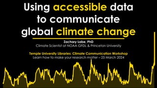 Using accessible data
to communicate
global climate change
Zachary Labe, PhD
Climate Scientist at NOAA GFDL & Princeton University
Temple University Libraries: Climate Communication Workshop
Learn how to make your research matter – 25 March 2024
 