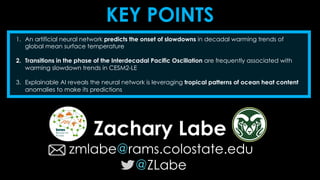 KEY POINTS
Zachary Labe
zmlabe@rams.colostate.edu
@ZLabe
1. An artificial neural network predicts the onset of slowdowns in decadal warming trends of
global mean surface temperature
2. Transitions in the phase of the Interdecadal Pacific Oscillation are frequently associated with
warming slowdown trends in CESM2-LE
3. Explainable AI reveals the neural network is leveraging tropical patterns of ocean heat content
anomalies to make its predictions
 