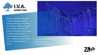 I.V.A.
avatar tree
✓ 120 независимых процессоров;
✓ 480W LED диодов;
✓ 3 000 метров оптоволокна.
Дерево исполняющее желания"
Участники подходят к дереву и
выбирают себе лиану. Активируют
ее с помощью «бейжа» ( проведя
им по лиане) - после чего они
(лианы) становиться на много ярче.
Загадают желания! Когда по
команде ведущего они опускают
лианы - дерево вспыхивает ярким
светом "отправляя желание в
Космос"...
 