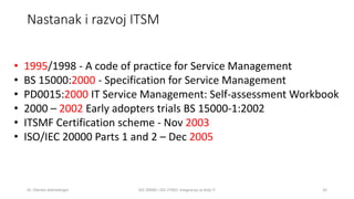 Nastanak i razvoj ITSM
Dr. Zdenko Adelsberger ISO 20000 i ISO 27001 integracija za bolji IT 32
• 1995/1998 - A code of pra...