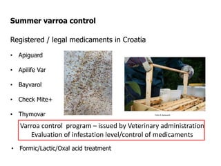 Registered / legal medicaments in Croatia
• Apiguard
• Apilife Var
• Bayvarol
• Check Mite+
• Thymovar
Summer varroa control
Varroa control program – issued by Veterinary administration
Evaluation of infestation level/control of medicaments
• Formic/Lactic/Oxal acid treatment
Foto:S.Spiewok
 