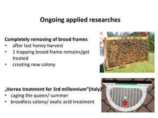 Ongoing applied researches
„Varroa treatment for 3rd millennium”(Italy)
• caging the queen/ summer
• broodless colony/ oxalic acid treatment
Completely removing of brood frames
• after last honey harvest
• 1 trapping brood frame remains/get
treated
• creating new colony
 