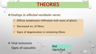 Findings in affected vestibular nerve:
 Viral inclusions
Signs of vasculitis
THEORIES
Not
identified
 Diffuse lymphocytic infiltration with areas of gliosis
 Decreased no. of fibres
 Signs of degeneration in remaining fibres
 