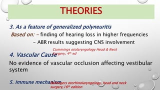 THEORIES
3. As a feature of generalized polyneuritis
Based on: - finding of hearing loss in higher frequencies
- ABR results suggesting CNS involvement
4. Vascular Cause
No evidence of vascular occlusion affecting vestibular
system
5. Immune mechanism
Ballengers otorhinolaryngology, head and neck
surgery,16th edition
Cummings otolaryngology Head & Neck
Surgery, 4th ed
 