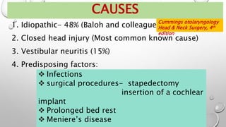 CAUSES
1. Idiopathic- 48% (Baloh and colleagues)
2. Closed head injury (Most common known cause)
3. Vestibular neuritis (15%)
4. Predisposing factors:
 Infections
 surgical procedures- stapedectomy
insertion of a cochlear
implant
 Prolonged bed rest
 Meniere’s disease
Cummings otolaryngology
Head & Neck Surgery, 4th
edition
 