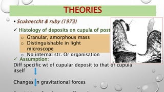  Scukneccht & ruby (1973)
 Histology of deposits on cupula of post SCC
THEORIES
o Granular, amorphous mass
o Distinguishable in light
microscope
o No internal str. Or organisation
 Assumption:
Diff specific wt of cupular deposit to that of cupula
itself
Changes in gravitational forces
 