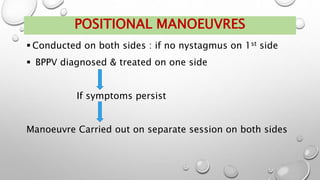  Conducted on both sides : if no nystagmus on 1st side
 BPPV diagnosed & treated on one side
If symptoms persist
Manoeuvre Carried out on separate session on both sides
POSITIONAL MANOEUVRES
 