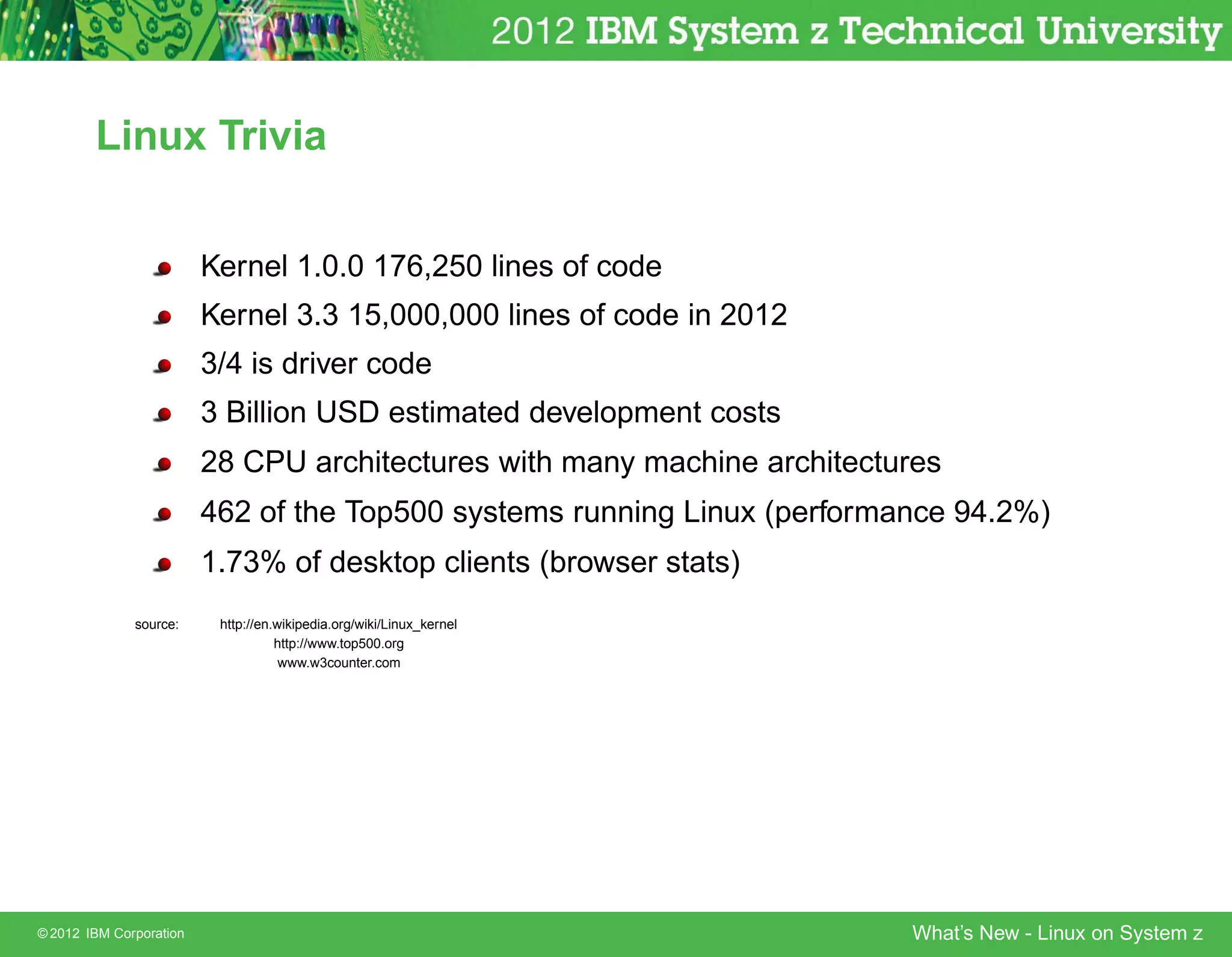 Linux Trivia


                         Kernel 1.0.0 176,250 lines of code
                         Kernel 3.3 15,000,000 lines of code in 2012
                         3/4 is driver code
                         3 Billion USD estimated development costs
                         28 CPU architectures with many machine architectures
                         462 of the Top500 systems running Linux (performance 94.2%)
                         1.73% of desktop clients (browser stats)
              source:     http://en.wikipedia.org/wiki/Linux_kernel
                                    http://www.top500.org
                                     www.w3counter.com




© 2012 IBM Corporation                                                    What’s New - Linux on System z
 
