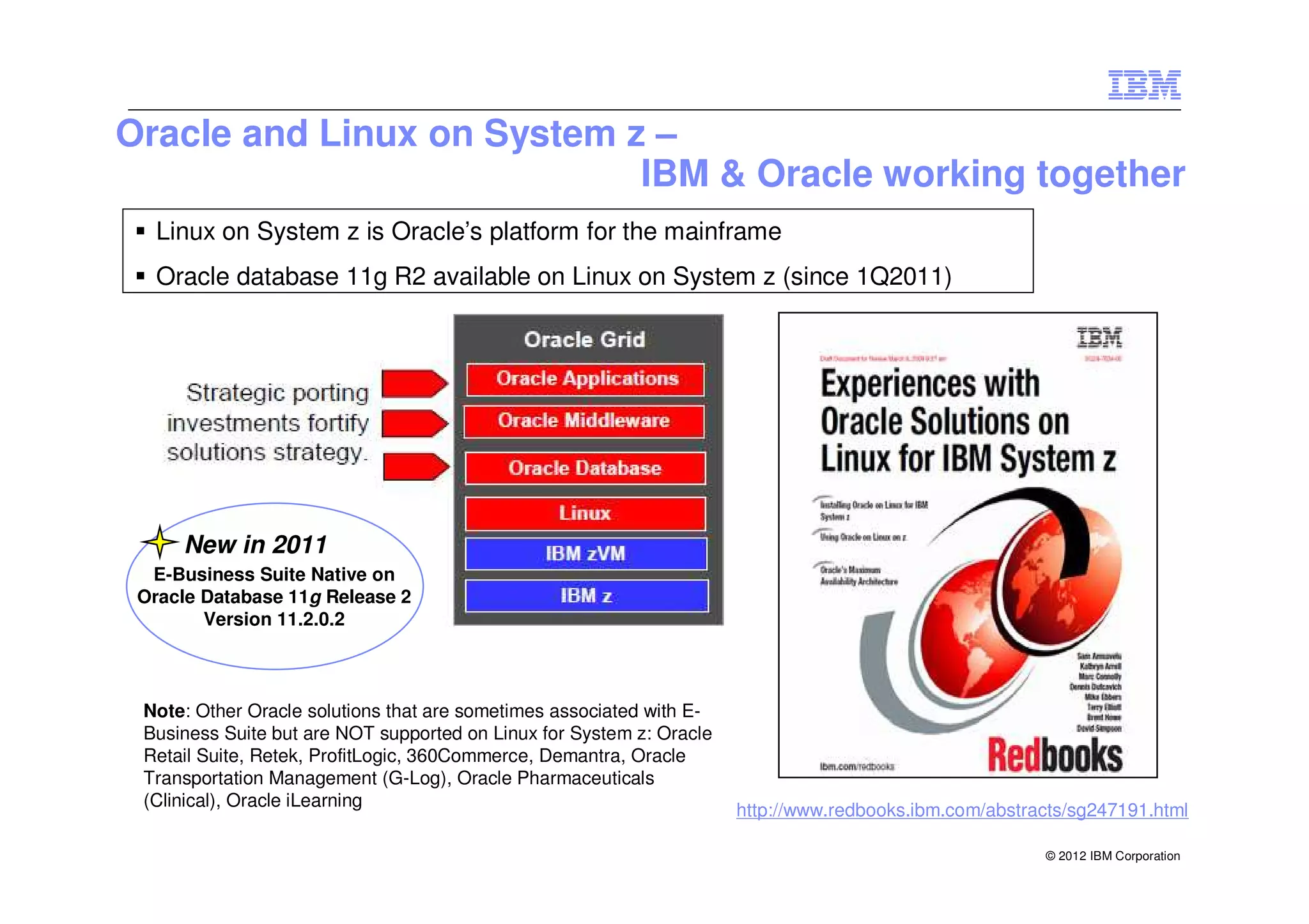 Oracle and Linux on System z –
                            IBM & Oracle working together
   Linux on System z is Oracle’s platform for the mainframe
   Oracle database 11g R2 available on Linux on System z (since 1Q2011)




     New in 2011
  E-Business Suite Native on
 Oracle Database 11g Release 2
        Version 11.2.0.2



 Note: Other Oracle solutions that are sometimes associated with E-
 Business Suite but are NOT supported on Linux for System z: Oracle
 Retail Suite, Retek, ProfitLogic, 360Commerce, Demantra, Oracle
 Transportation Management (G-Log), Oracle Pharmaceuticals
 (Clinical), Oracle iLearning
                                                                      http://www.redbooks.ibm.com/abstracts/sg247191.html

                                                                                                        © 2012 IBM Corporation
 