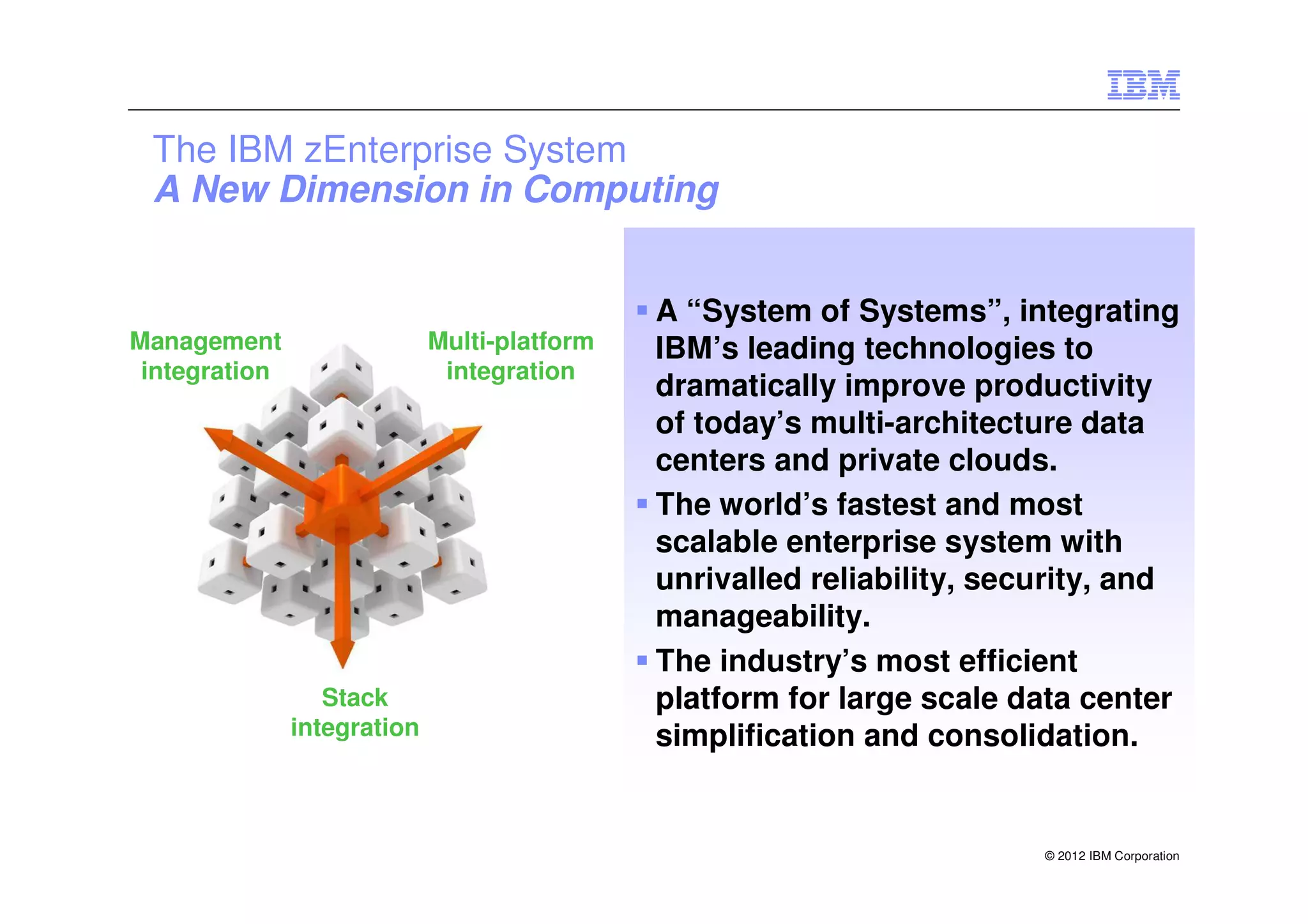 The IBM zEnterprise System
 A New Dimension in Computing


                                              A “System of Systems”, integrating
Management                   Multi-platform   IBM’s leading technologies to
 integration                  integration
                                              dramatically improve productivity
                                              of today’s multi-architecture data
                                              centers and private clouds.
                                              The world’s fastest and most
                                              scalable enterprise system with
                                              unrivalled reliability, security, and
                                              manageability.
                                              The industry’s most efficient
                  Stack                       platform for large scale data center
               integration                    simplification and consolidation.


                                                                         © 2012 IBM Corporation
 